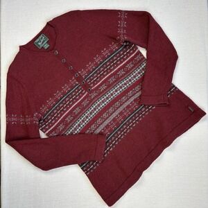 Woolrich Fair Isle Lambswool Blend 6-Button Mock Neck Sweater Women XL Red Gorp